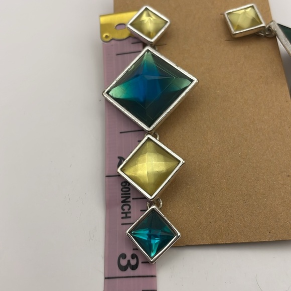 Nine West Blue/Green and Pale Yellow Silver Toned Dangle Earrings (F4) - Picture 6 of 7